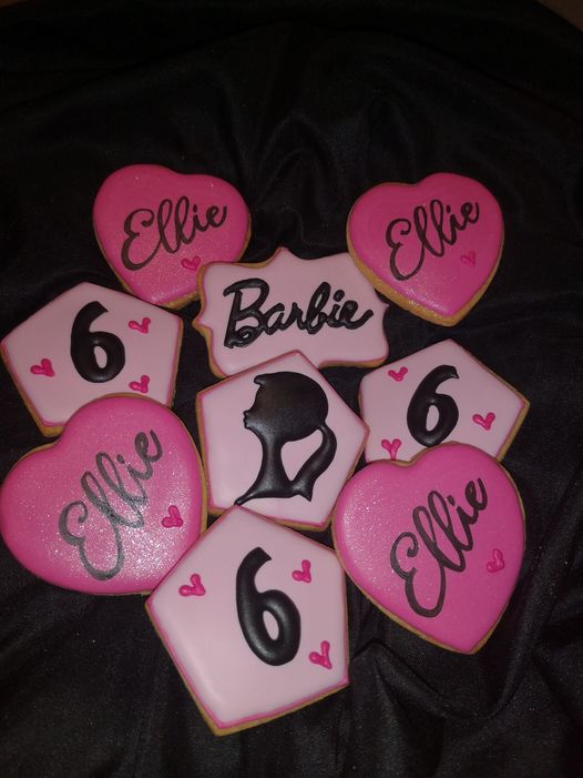 6th birthday customised cookies with name, number 6, Barbie, with pink theme - custom made by Embellished Food Art, Lower Hutt, Wellington cake decorating
