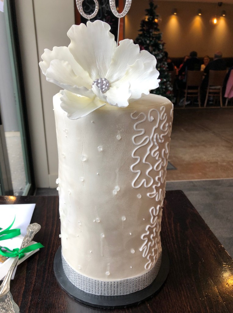Specialty 60th diamond wedding anniversary cake in white fondant with hand sculpted sugar flower -  custom made by Embellished Food Art, Lower Hutt, Wellington cake decorating