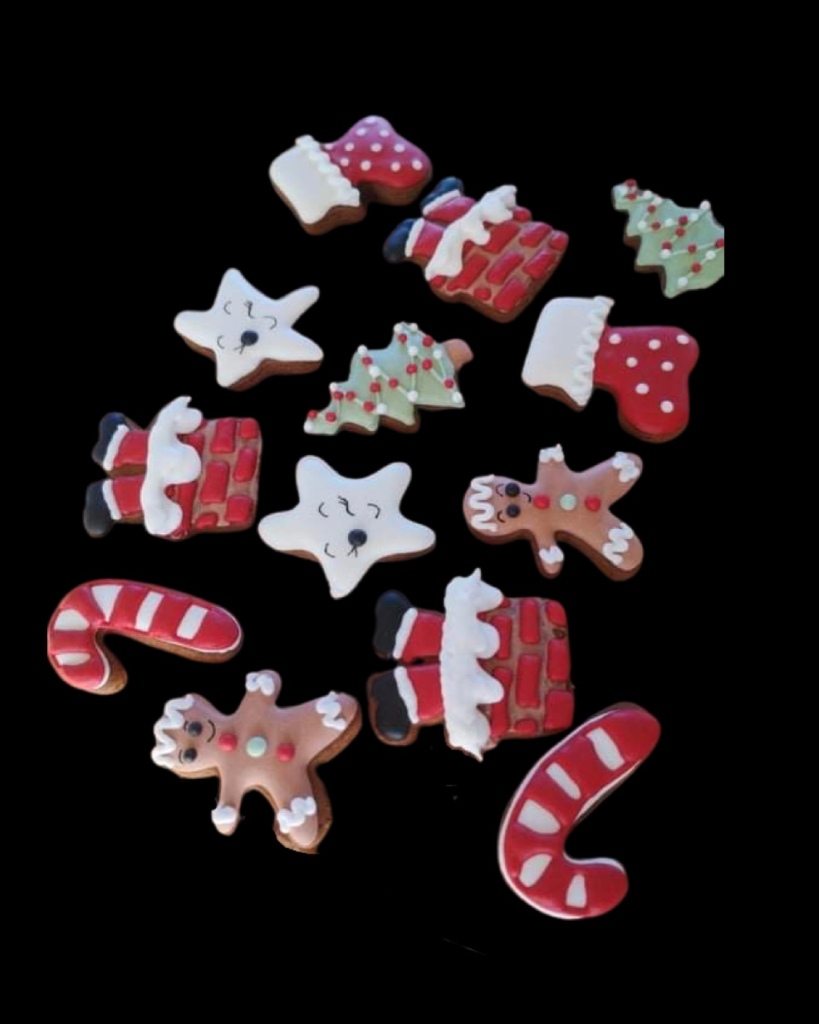 Set of delicious mini Christmas cookies, candy canes, Father Christmas stuck in the chimney, gingerbread man, stocking, tree, star - perfect gift designed and custom made by Embellished Food Art, Lower Hutt, Wellington cake decorating
