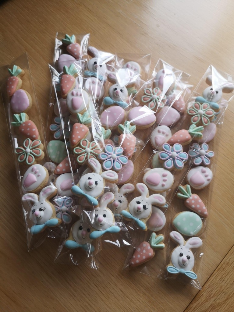 Easter mini cookies in bagged set of bunny, carrot, flower, paw - designed and custom made by Embellished Food Art, Lower Hutt, Wellington cake decorator