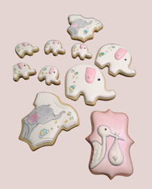 Baby Shower Cookies set with elephants, stork, onesie, pastel shades of pink and blue