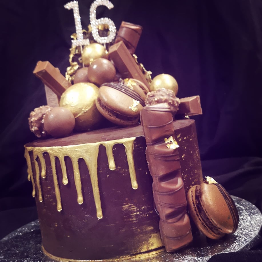 16th birthday cake with chocolate galore and gold highlights