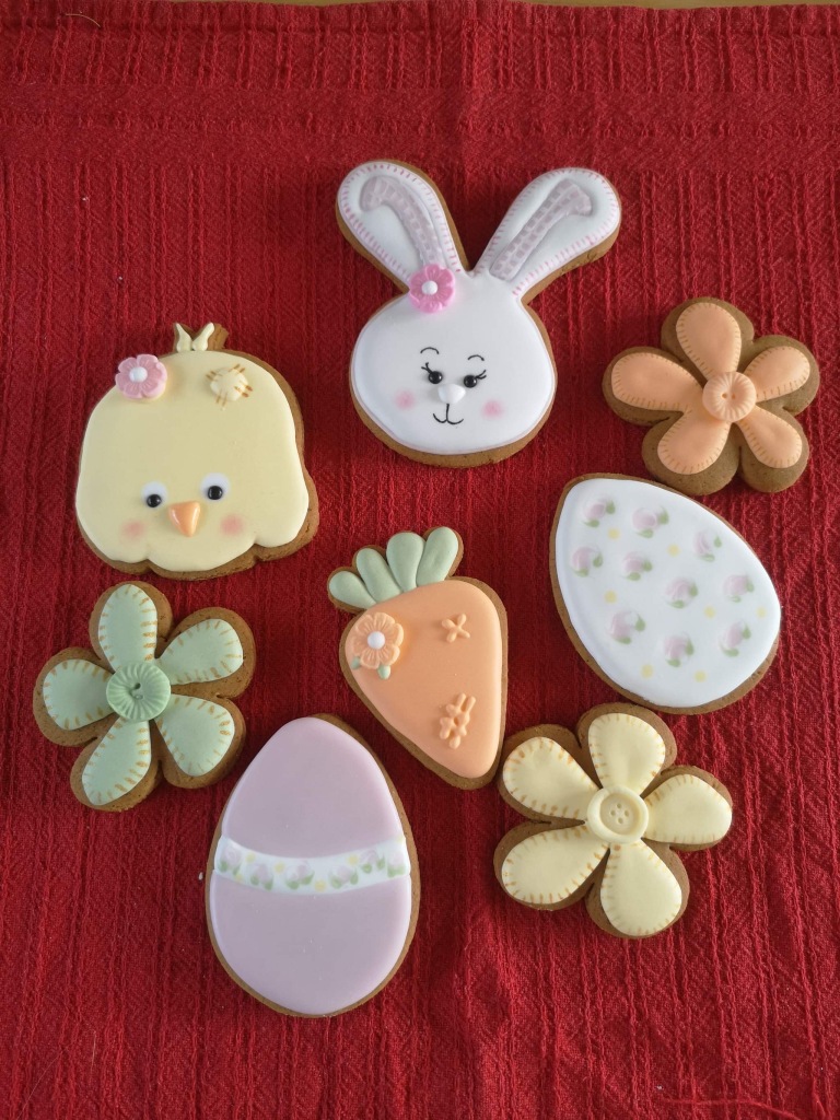Easter cookie collection standard size with bunny, chick, egg, carrot and flowers - designed and custom made by Embellished Food Art, Lower Hutt, Wellington cake decorator