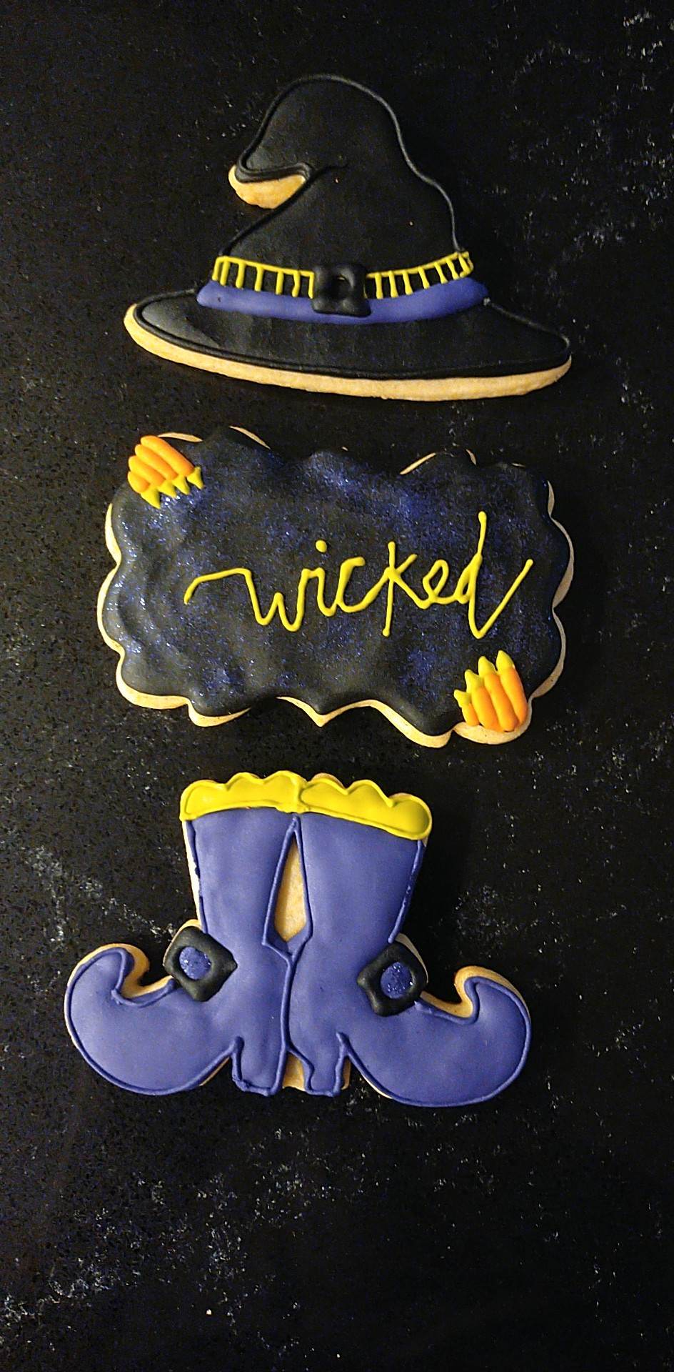 Halloween three piece witch cookie with hat, cloud and purple boots