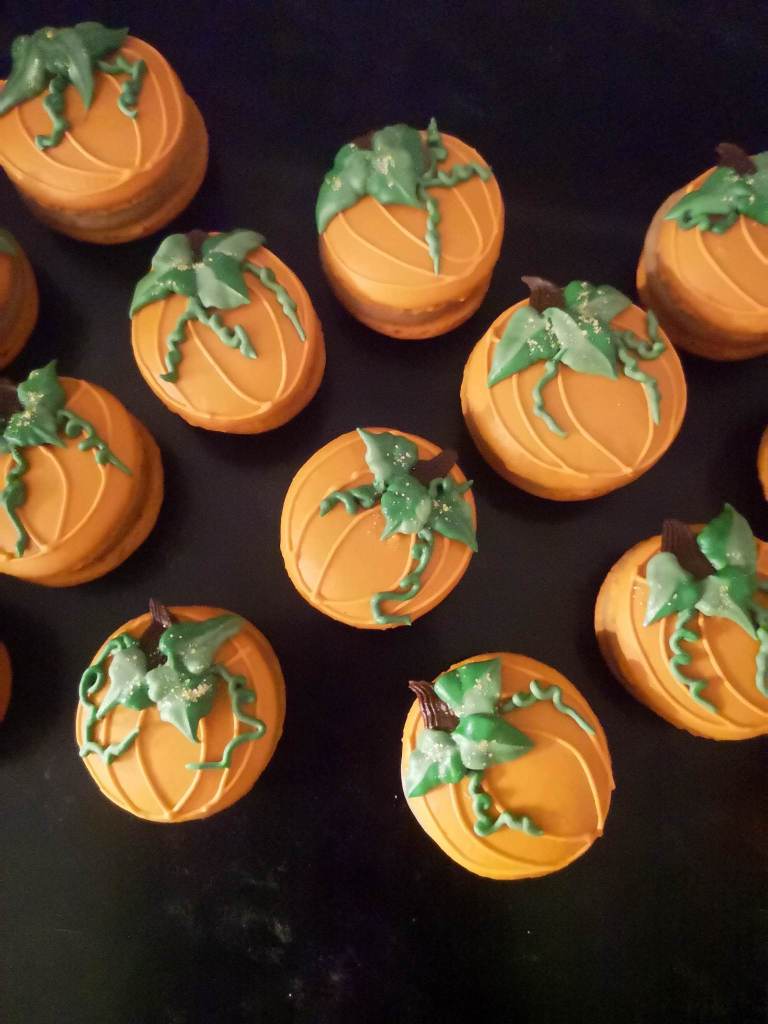 Set of Pumpkin Macarons with orange ganache and buttercream leaves - custom made by Embellished Food Art, Lower Hutt, Wellington cake decorator