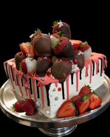 Strawberry chocolate cake with strawberry and chocolate drip and fresh chocolate dipped strawberries