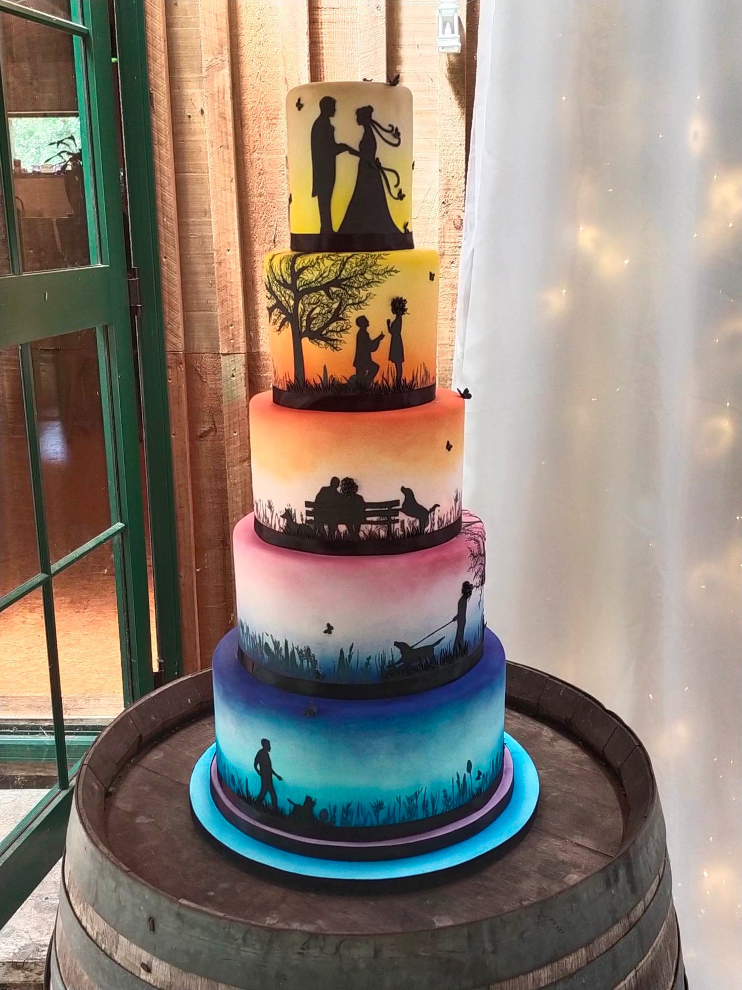 Five tier custom-made shadow wedding cake for my sister, hand painted and stencilled