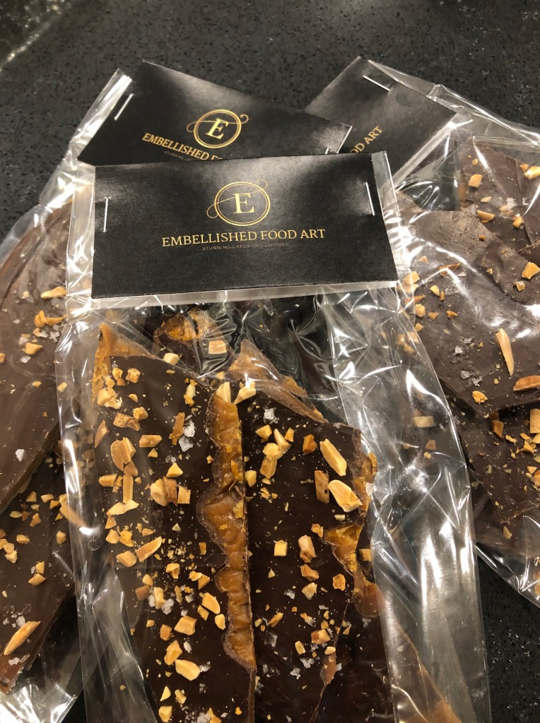 Delicious and moreish toffee bark with chocolate, salt and nuts - sweet, salty and highly addictive - custom made by Embellished Food Art, Lower Hutt, Wellington cake decorator